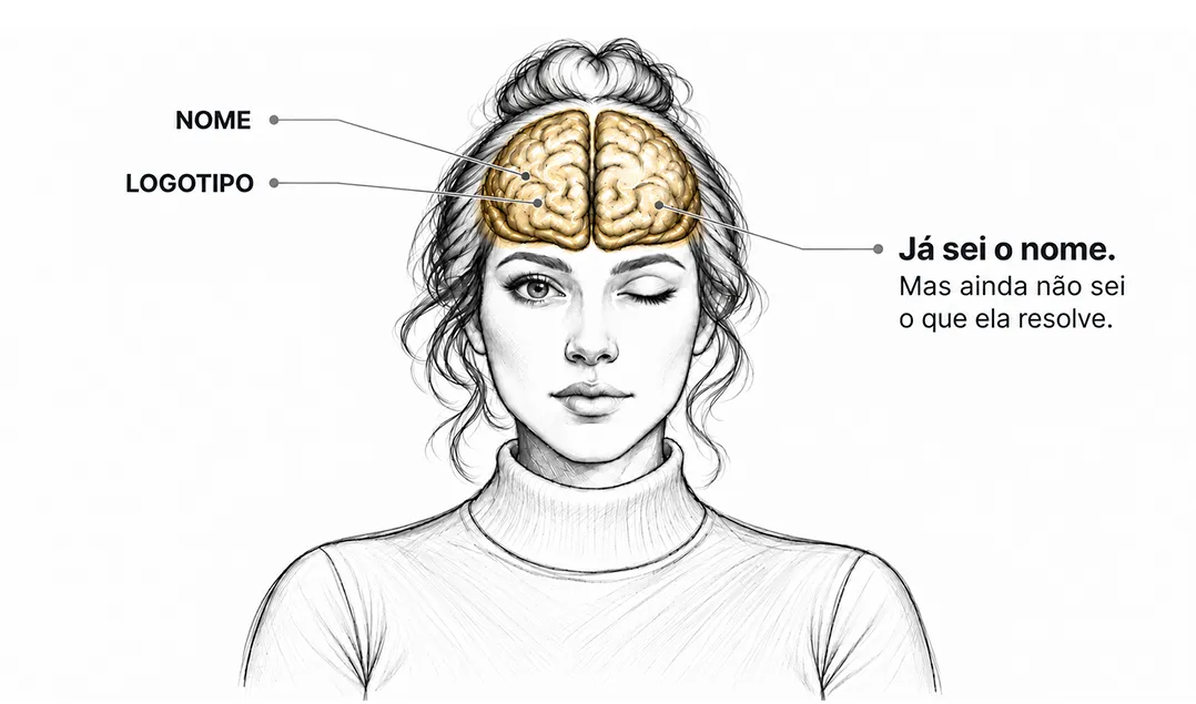 Ilustração de uma mulher; na mente, acendem nome e logotipo. “Já sei o nome. Mas ainda não sei o que ela resolve.”