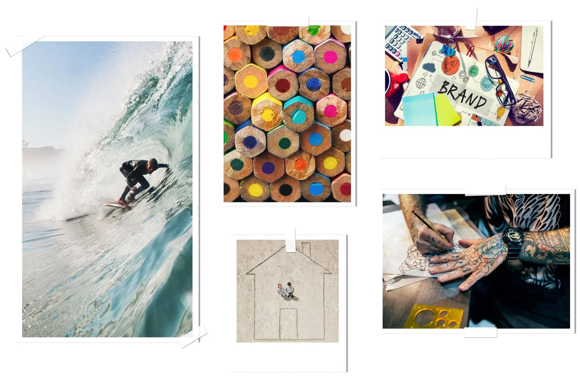 Colagem de referências: surfe, lápis de cor, desenhos e tatuagem