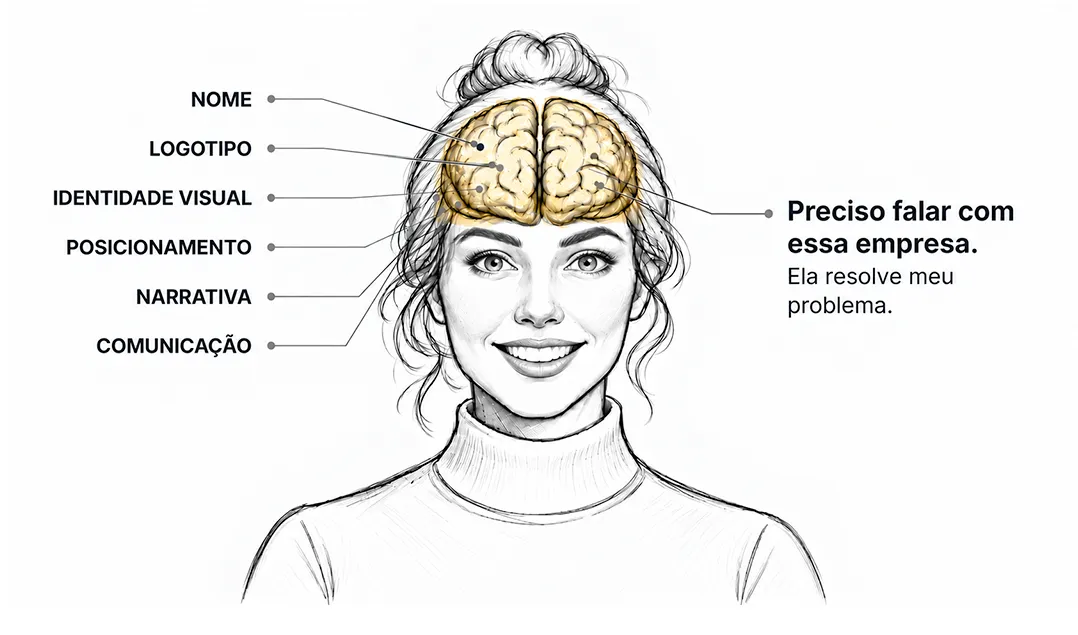 Ilustração de uma mulher; na mente, acendem nome, logotipo, identidade visual, posicionamento, narrativa e comunicação. “Preciso falar com essa empresa. Ela resolve meu problema.”
